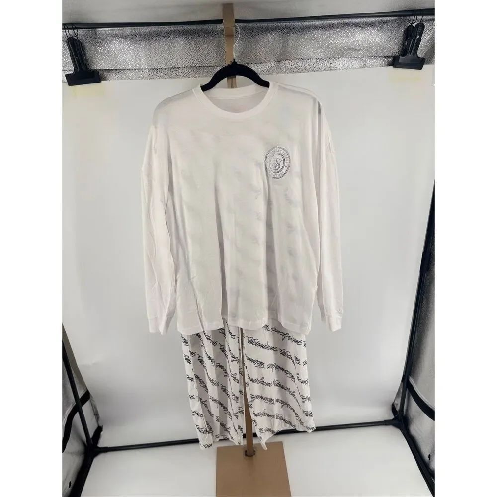 Victoria's Secret Pajama Set Long Sleeve Top Pants Rhinestone Logo Size M